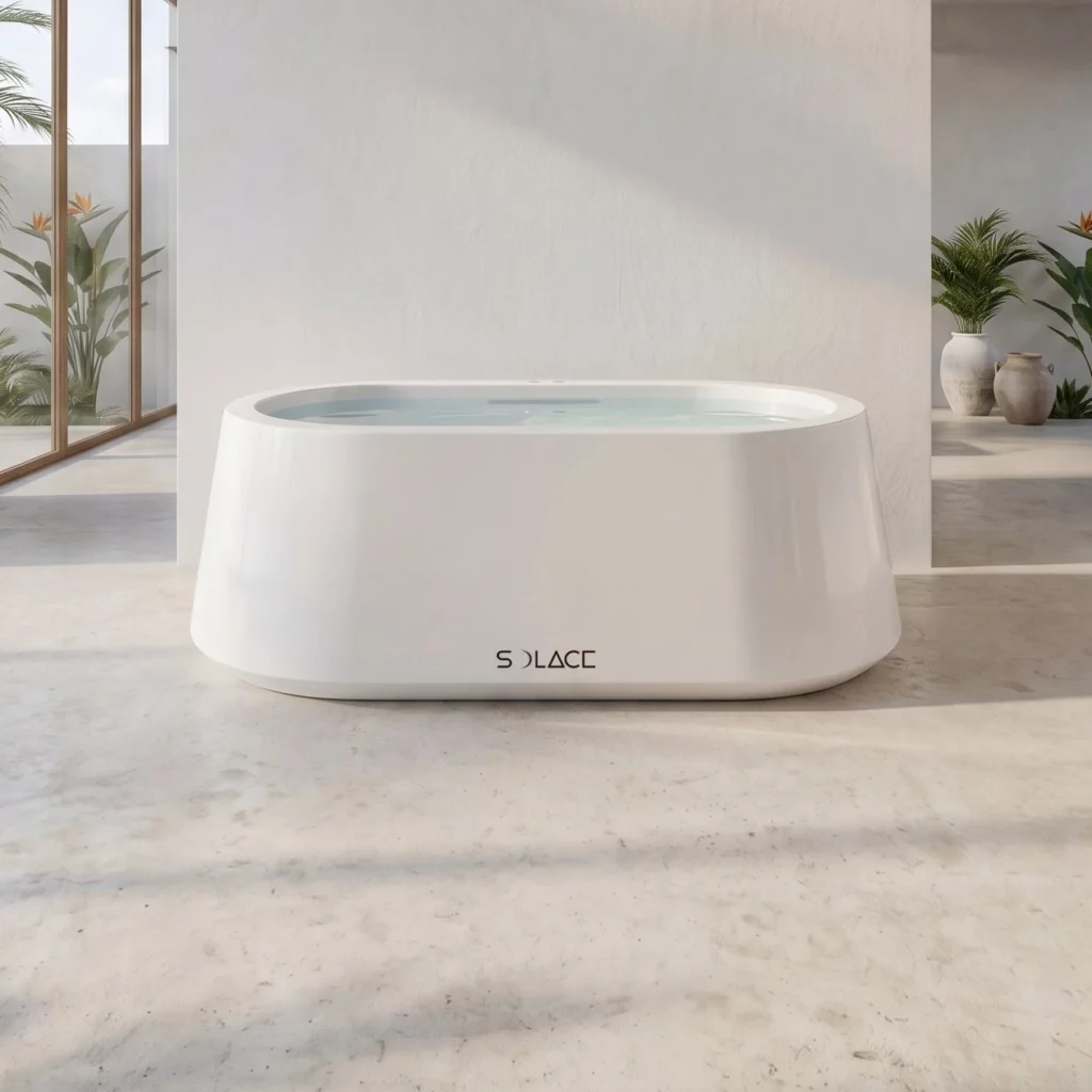 Solace ice bath unit in a bright minimalist indoor space with white render walls, timber ceiling beams, floor-to-ceiling windows, and tropical garden views