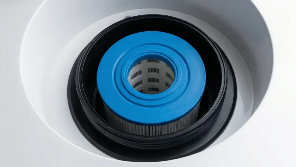 Close-up of a Solace ice bath filtration cartridge seated in the filter housing, showing the pleated filter element with blue cap and black rubber seal