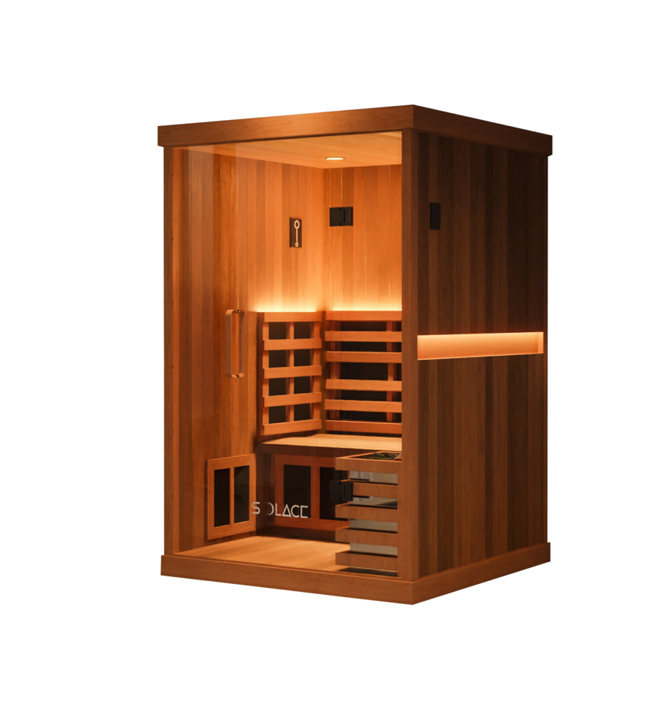 Solace Duo two-person Hybrid sauna, product render showing the glass front and timber construction