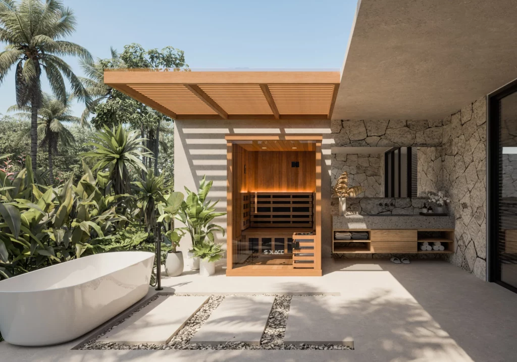 Solace Duo two-person sauna in a residential outdoor tropical bathroom setting