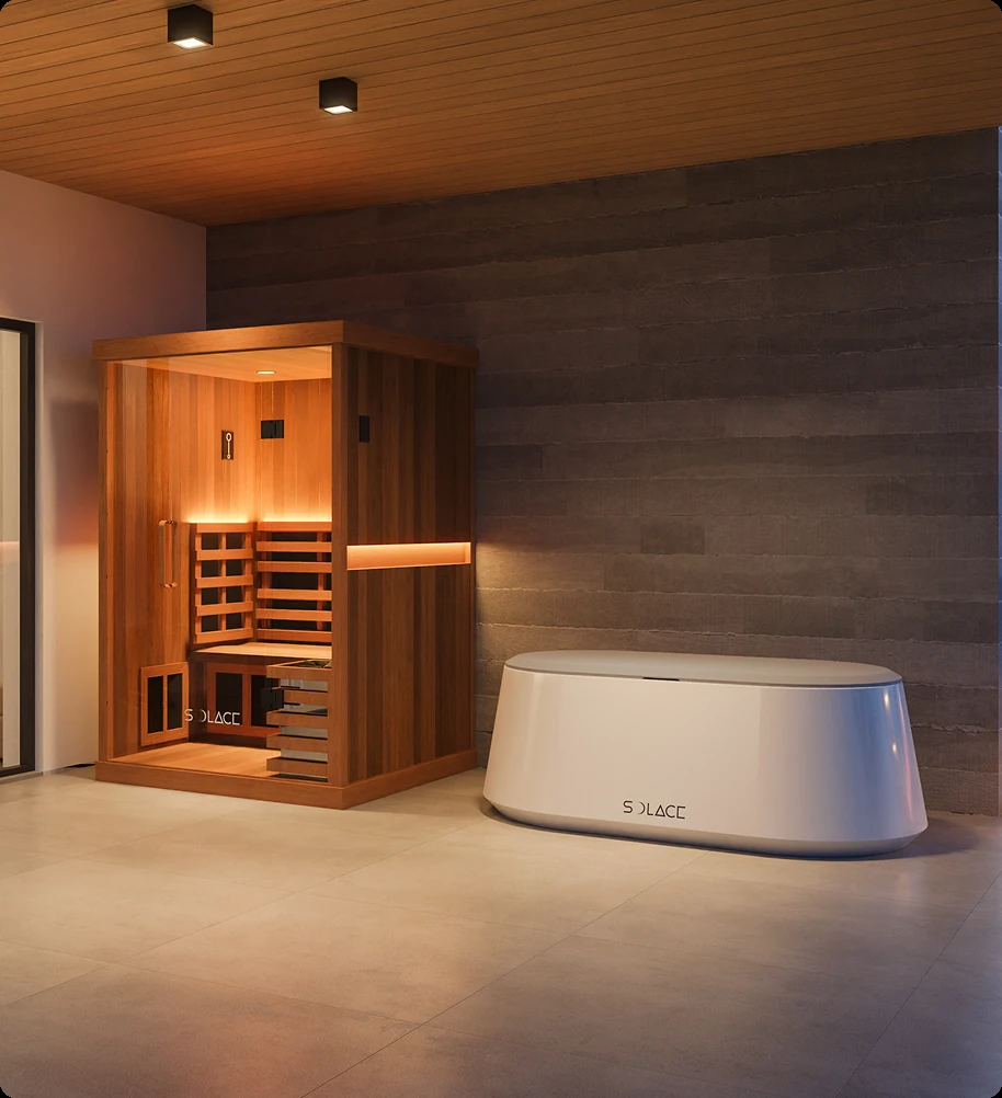 Solace Duo Hybrid Sauna and ice bath paired on a lit apartment balcony at night