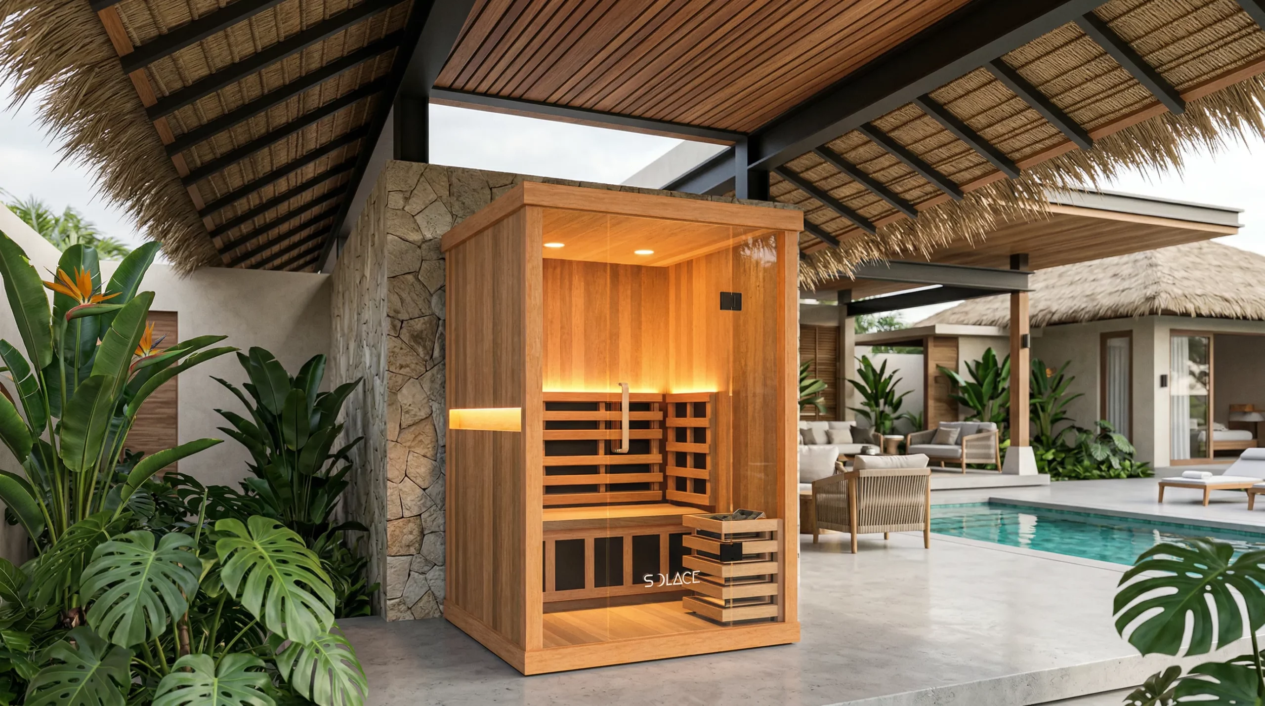 Solace Duo two-person Hybrid sauna beside a residential swimming pool in the daytime