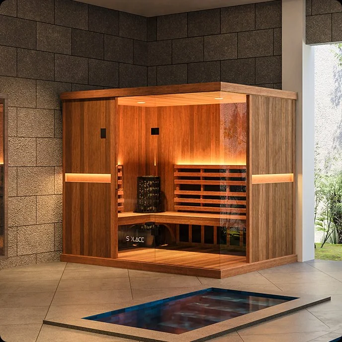 Interior of a Solace Hybrid sauna showing the wood bench and infrared panels