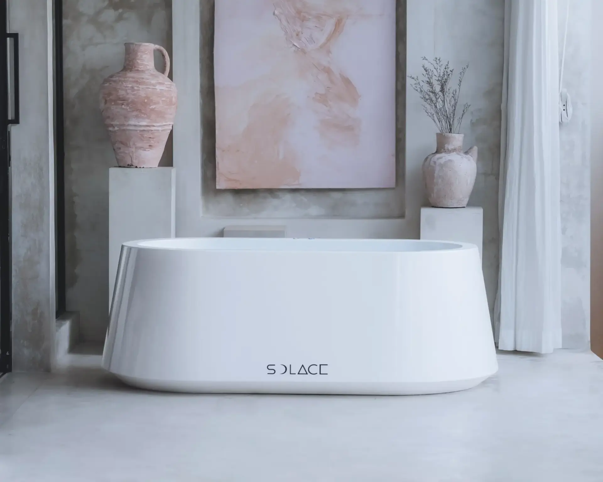 Solace ice bath styled in a contemporary residential interior with artwork and vases