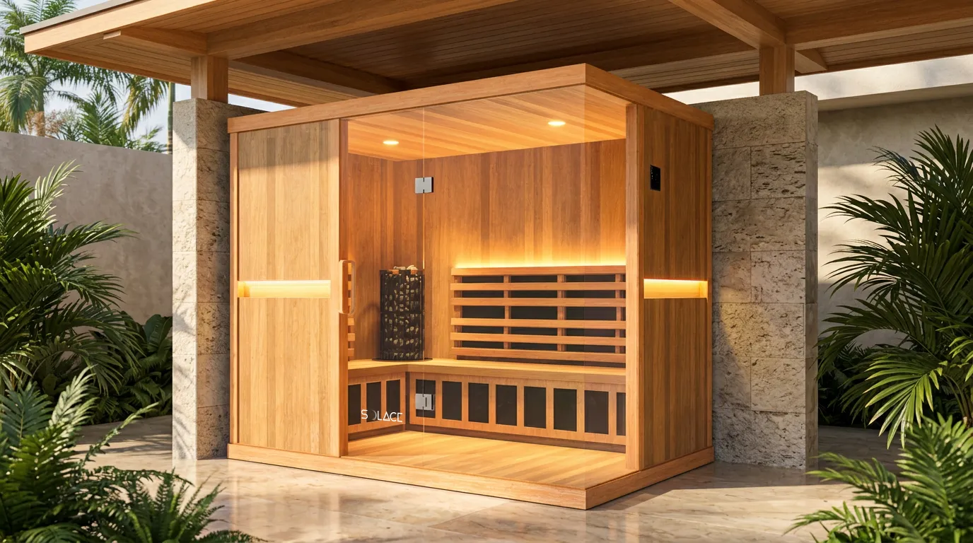 Solace Nexus six-person Hybrid sauna on an undercover outdoor patio in front of a stone wall