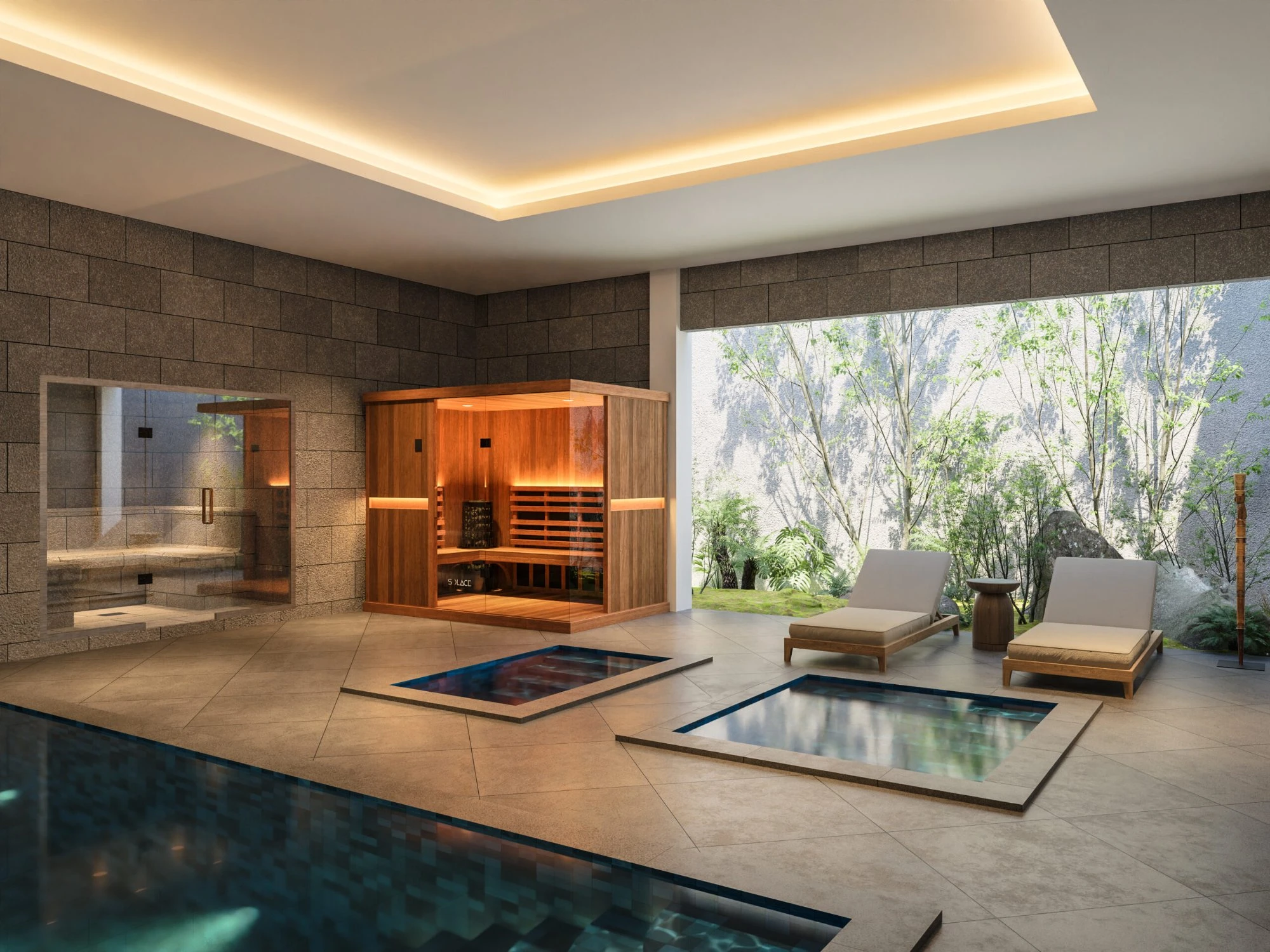 Indoor wellness space with a Solace Nexus Hybrid sauna, steam room, and in-ground plunge pools beside a swimming pool