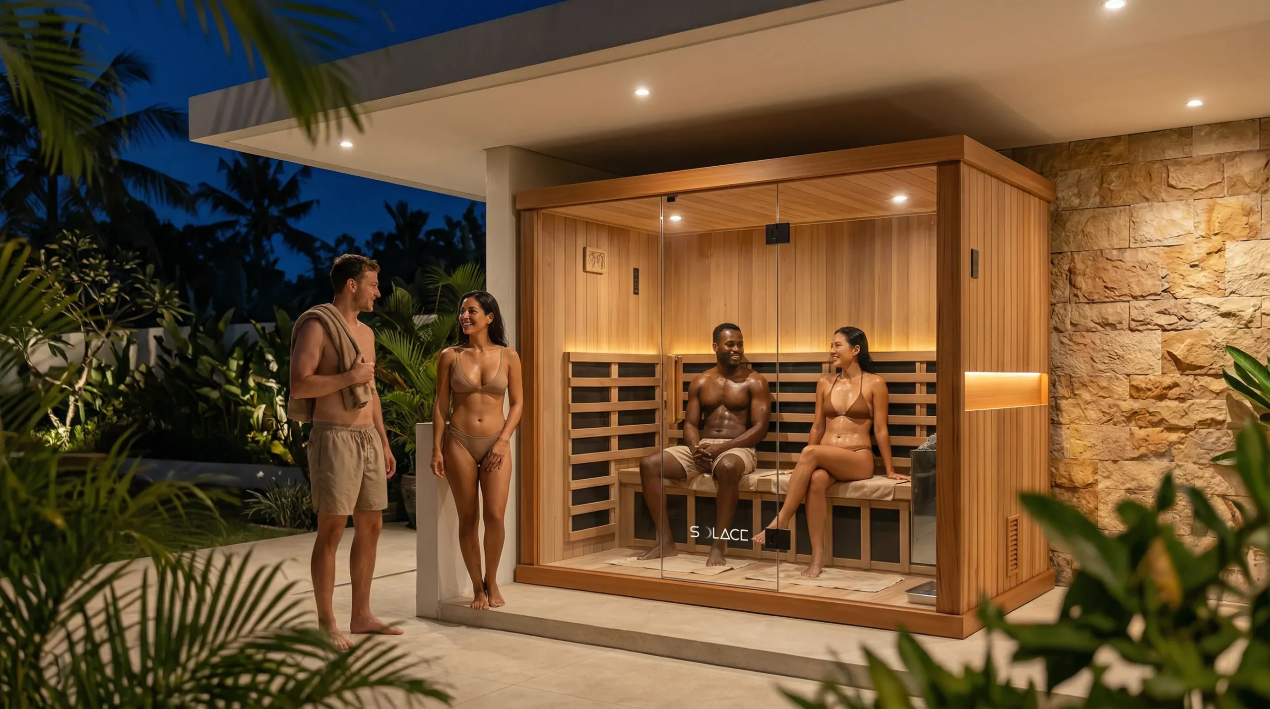 Solace Quad Hybrid sauna with two people inside and two outside at a tropical Bali villa at night