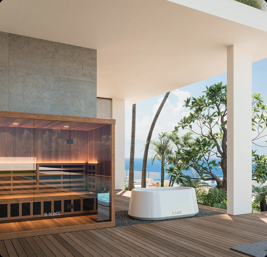 Solace Quad Sauna and ice bath paired on a beachside villa terrace, contrast therapy setup