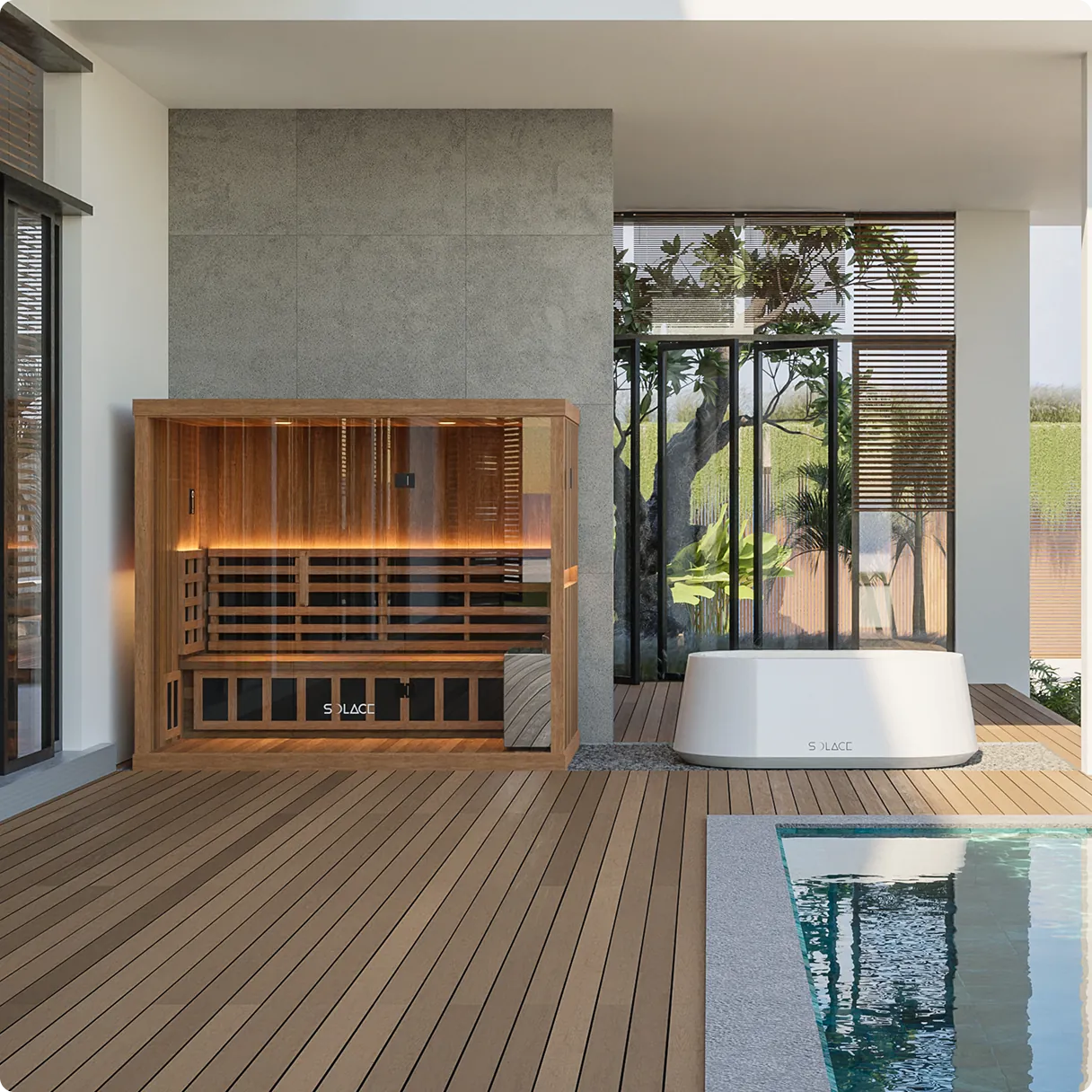 Solace Quad Hybrid sauna and Solace ice bath on a residential villa terrace beside a swimming pool