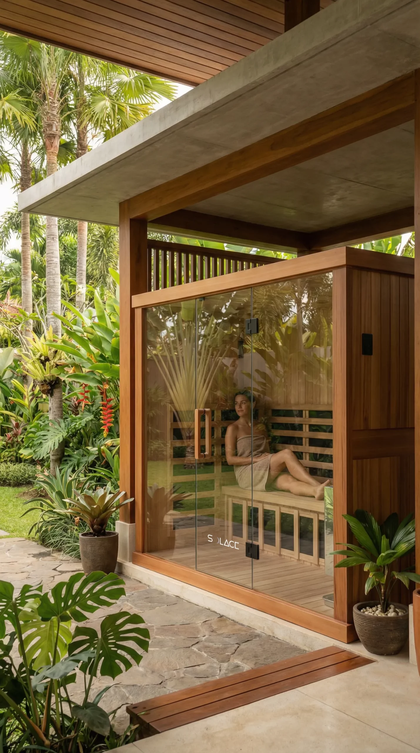 Woman relaxing with her feet up on the bench of a Solace sauna in a tropical garden setting