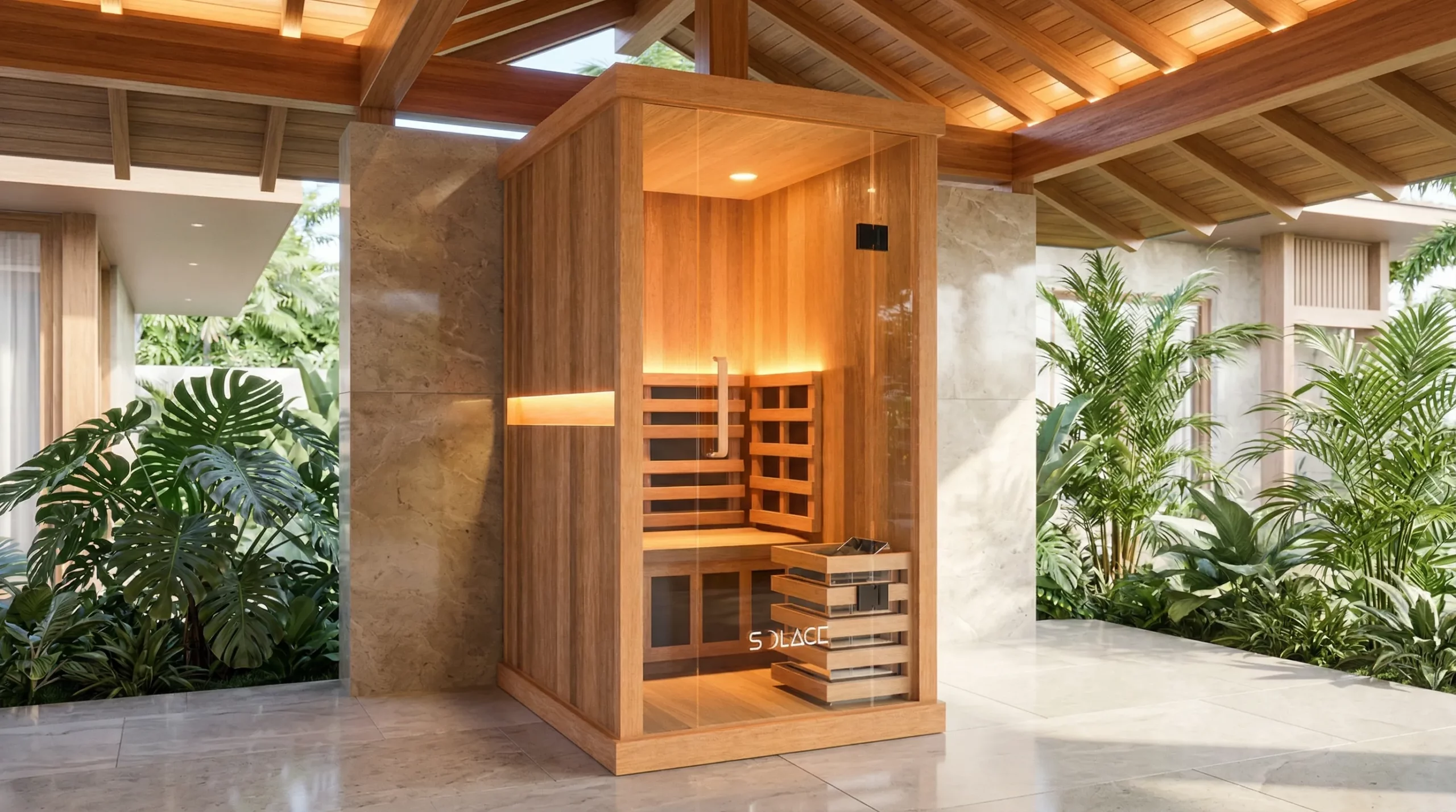 Solace Solo one-person Hybrid sauna in an undercover outdoor setting with LED lights on