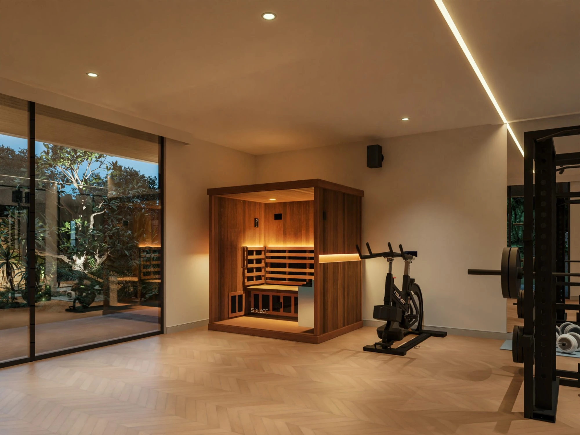 Solace Trio Hybrid sauna installed indoors in a gym at night with the LEDs on