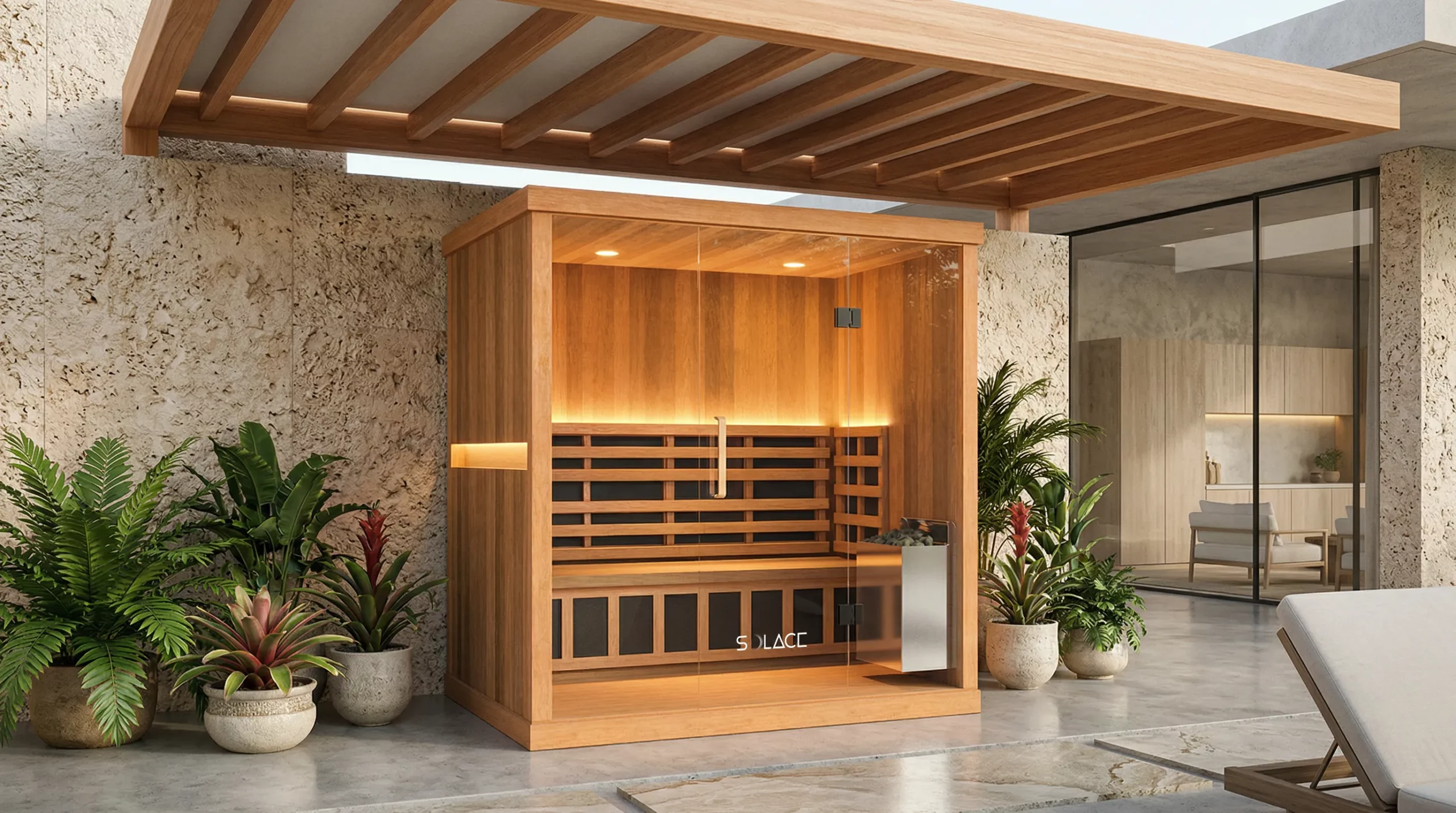 Solace Trio three-person Hybrid sauna against a stone wall framed by tropical pot plants